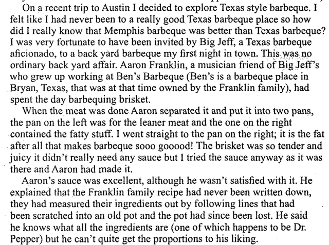 Screenshot of The Big Bend Sentinel newspaper about Aaron Franklin’s first ever brisket that got attention. Column was written by Alex Manley for the May 14, 2004 edition.